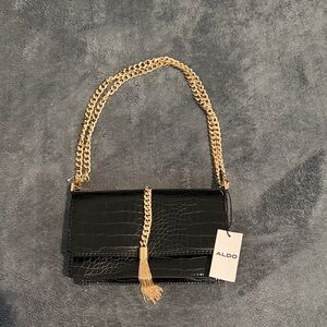 ALDO Black Croc-Embossed Crossbody Bag with Gold Chain